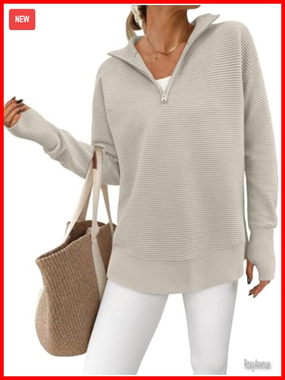 Womens Quarter Zip Ribbed Knit Pullover Sweater Long Sleeve Thumb Hole Loose Fit